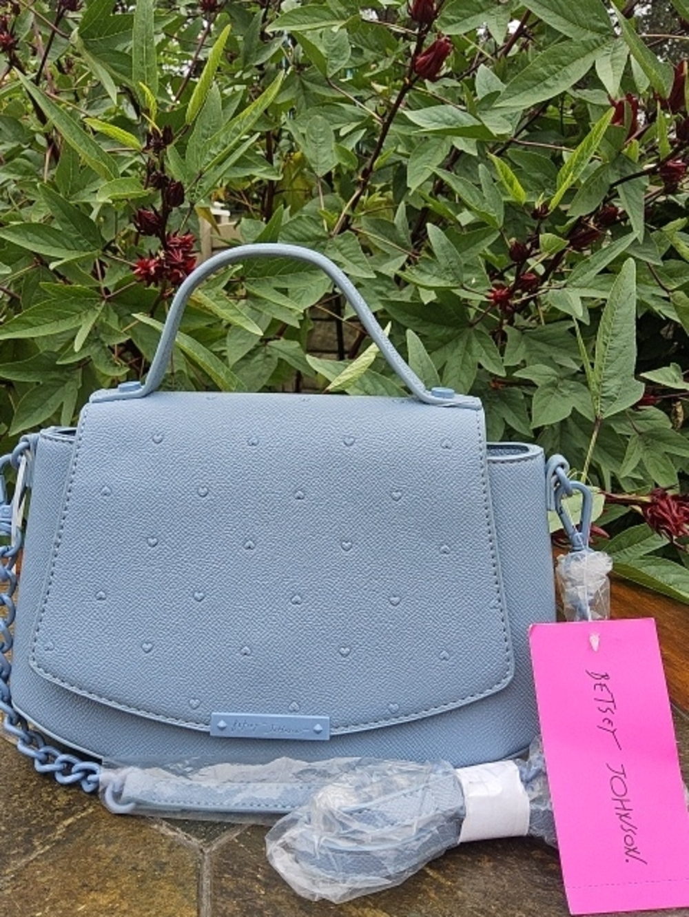 NWT  BLUE EMBOSSED TINY HEART BETSEY JOHNSON SATCHEL